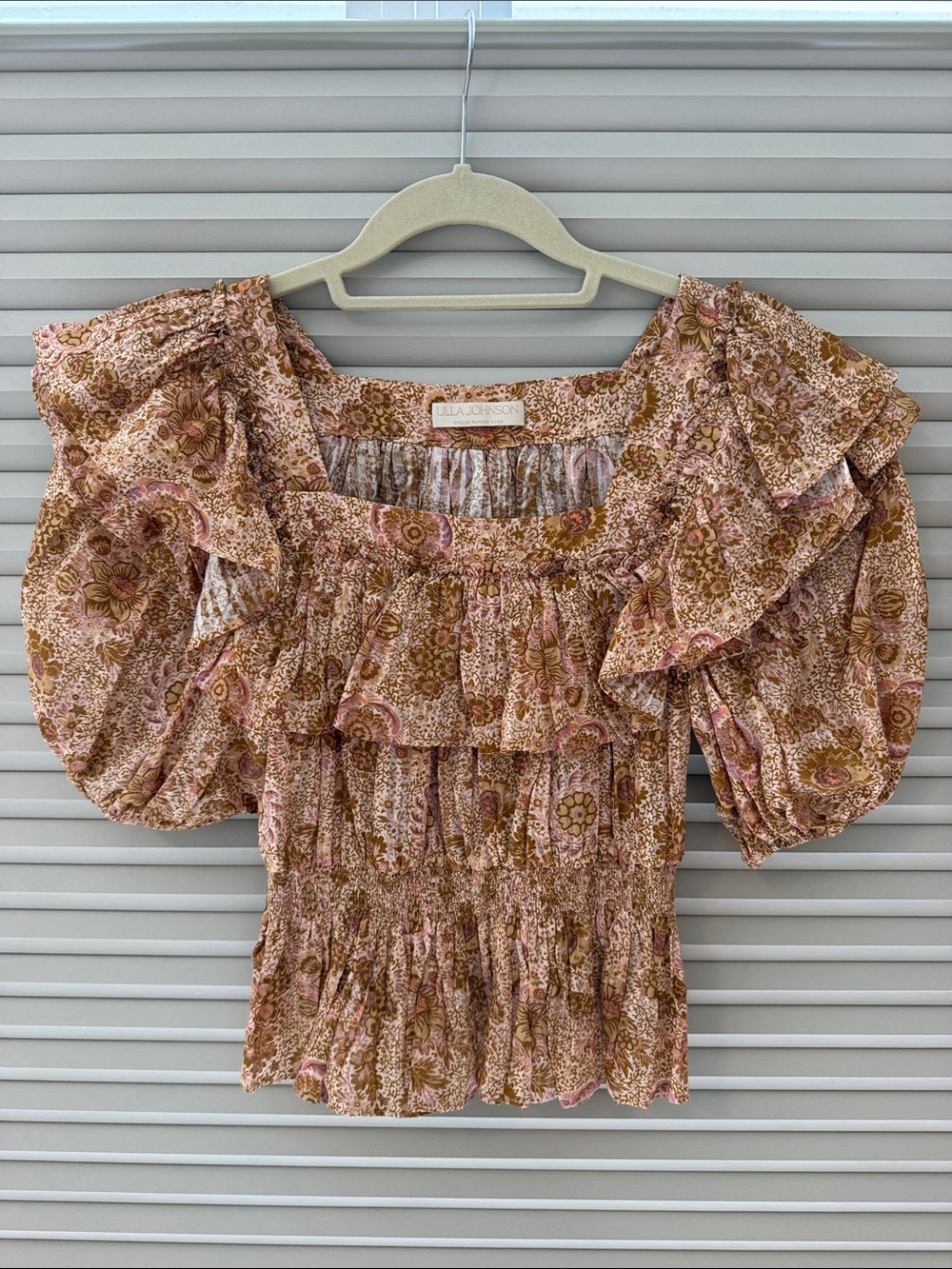 Ulla Johnson Pink and Brown Floral Smocked Ruffle Blouse